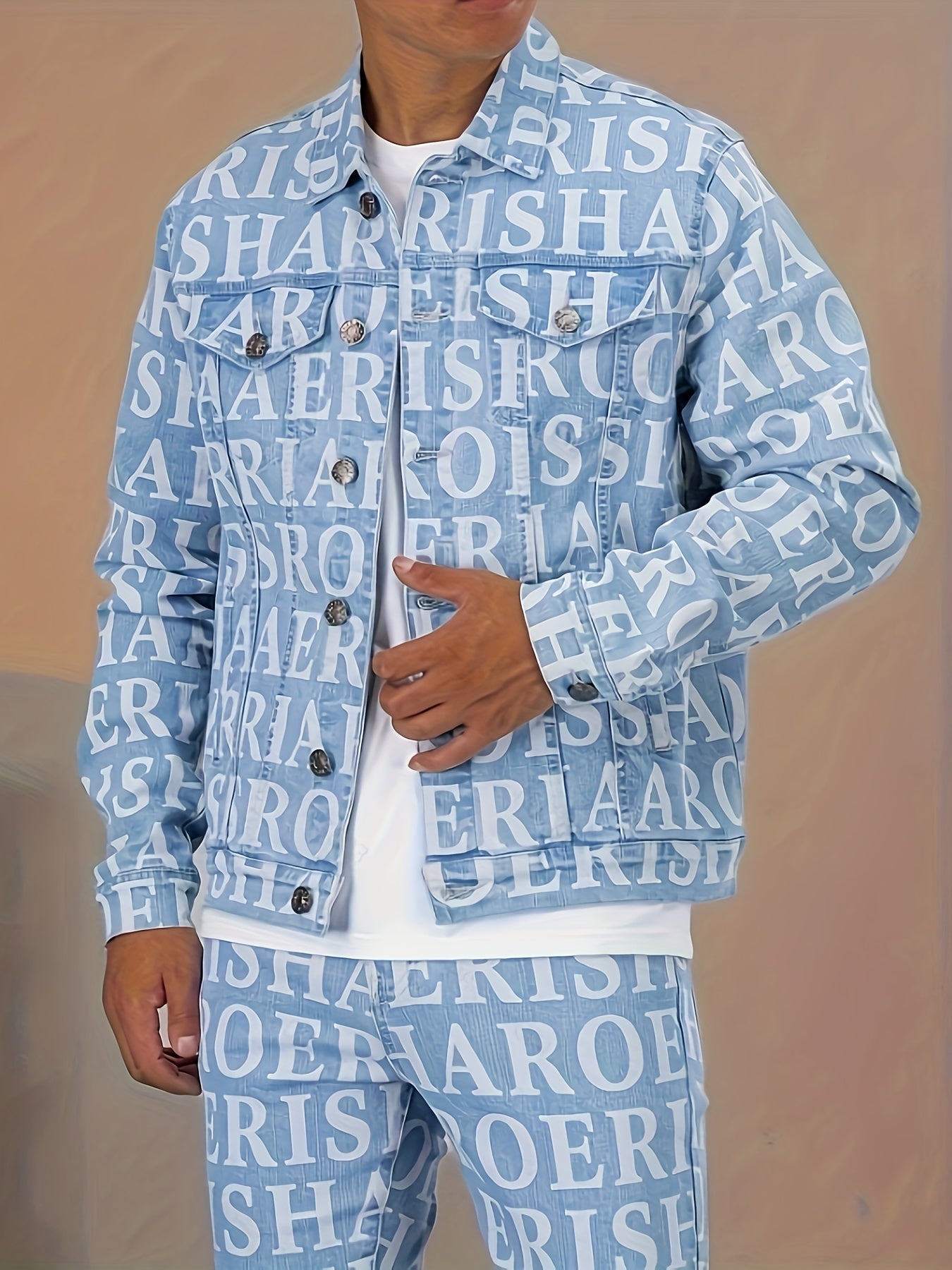 Men's Trendy Cotton Denim Jacket With Letter Full Print, Cool And Street Style Coats For Outdoor Wearing