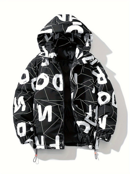 Mens Stylish Hooded Puffer Coat - Water-Resistant, Breathable, Zip-Up, Long Sleeve, Loose Fit, Polyester Outer, Cotton Filled, Single Breasted, Regular Length, Hand Washable - Perfect for Casual Winter Outdoor Activities
