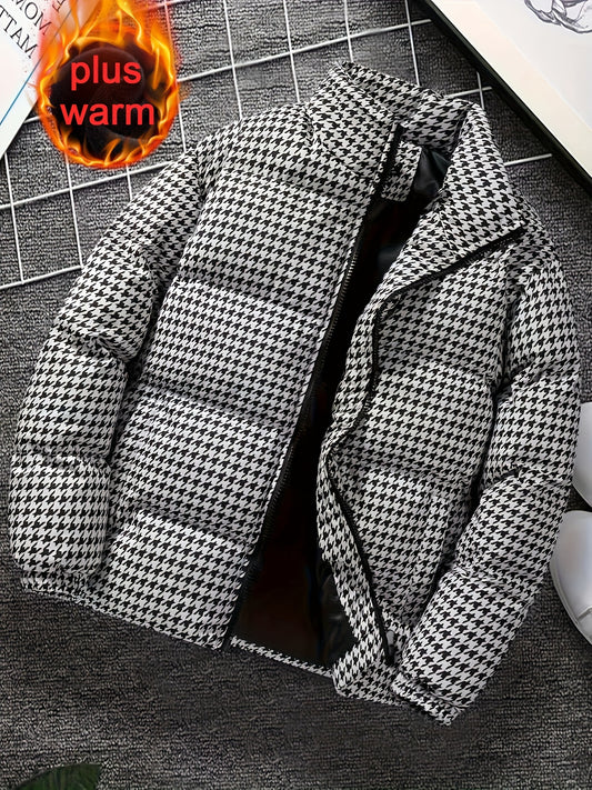 Men's Houndstooth Winter Puffer Jacket - Polyester Stand Collar Casual Style Coats, Machine Washable