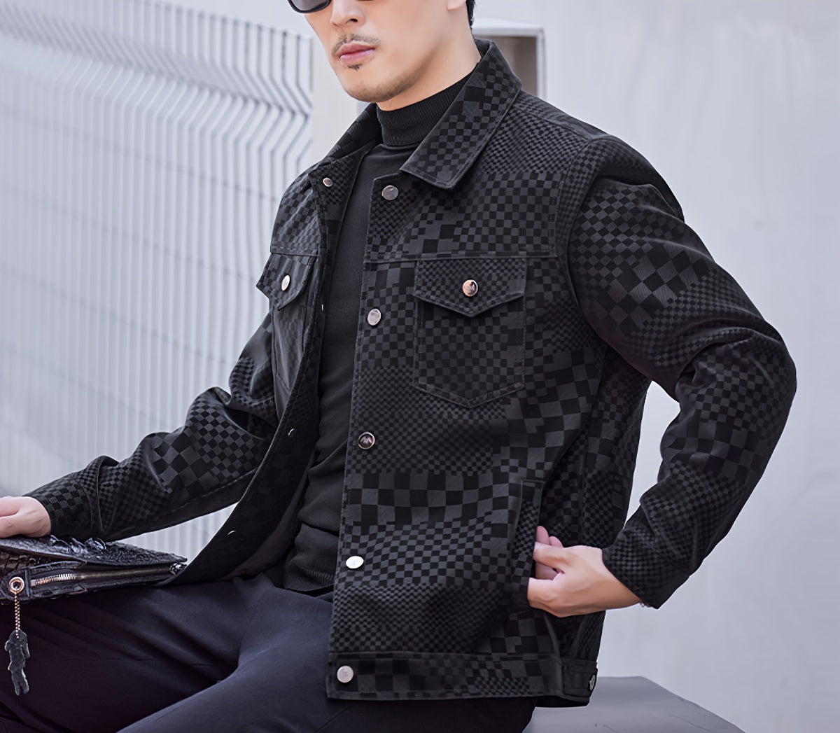 Mens Regular Fit PU Leather Jacket with Lapel Collar - Long Sleeve, Single Breasted, All Over Checkerboard Pattern, Polyester Lining, Multiple Pockets - Perfect for Casual Scene