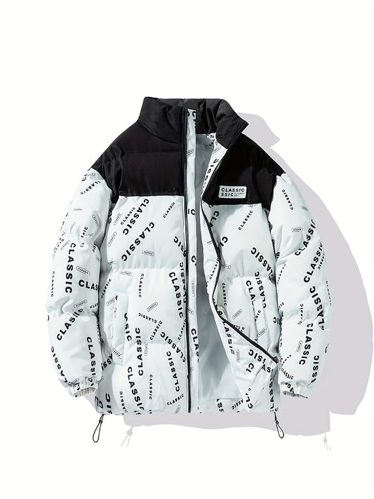 Men's Letters Pattern Color Blocking Faux Down Jacket, Comfy Warm Trendy Long Sleeve Stand Collar Retro Coat As Gift For Winter