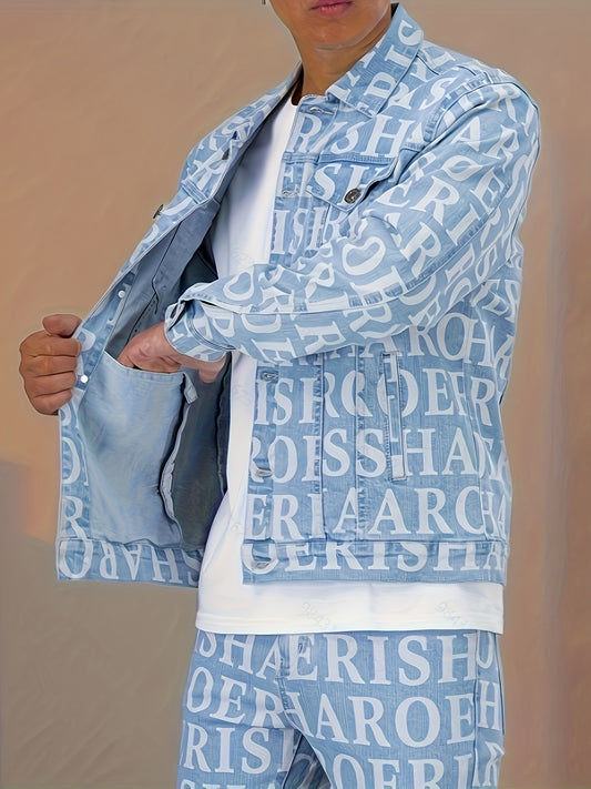 Men's Trendy Cotton Denim Jacket With Letter Full Print, Cool And Street Style Coats For Outdoor Wearing