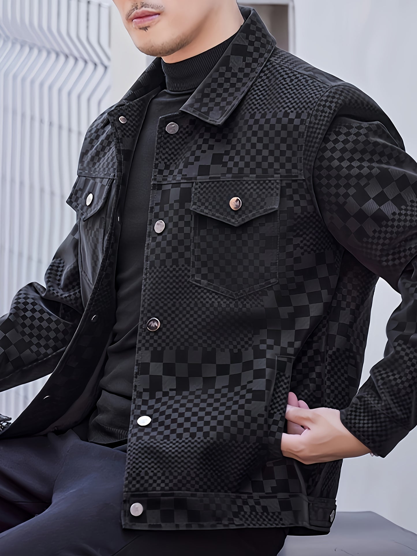 Mens Regular Fit PU Leather Jacket with Lapel Collar - Long Sleeve, Single Breasted, All Over Checkerboard Pattern, Polyester Lining, Multiple Pockets - Perfect for Casual Scene
