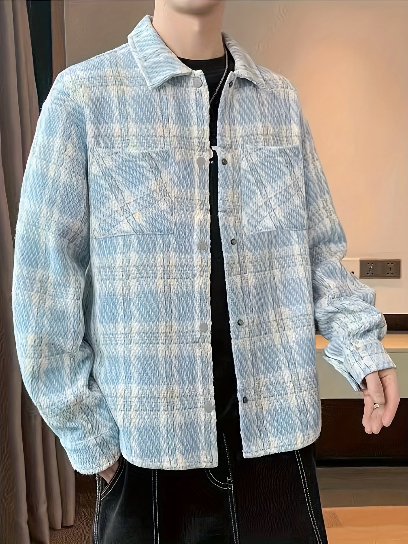 Mens Classic Plaid Loose Fit Long Sleeve Shirt with Chest Pockets - Square Neck, Button Up, Non-Stretch Polyester, Weekend Casual Wear for Spring and Fall Seasons - England Inspired, Cross Pattern, Outdoor and Daily Wear