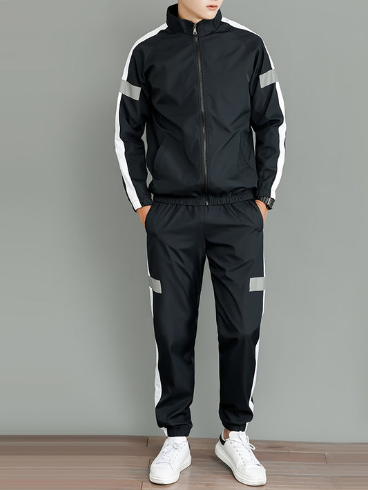 Men's Casual Sportswear Set - Trendy Korean-Style Jacket & Pants Combo, Long Sleeve, Machine Washable