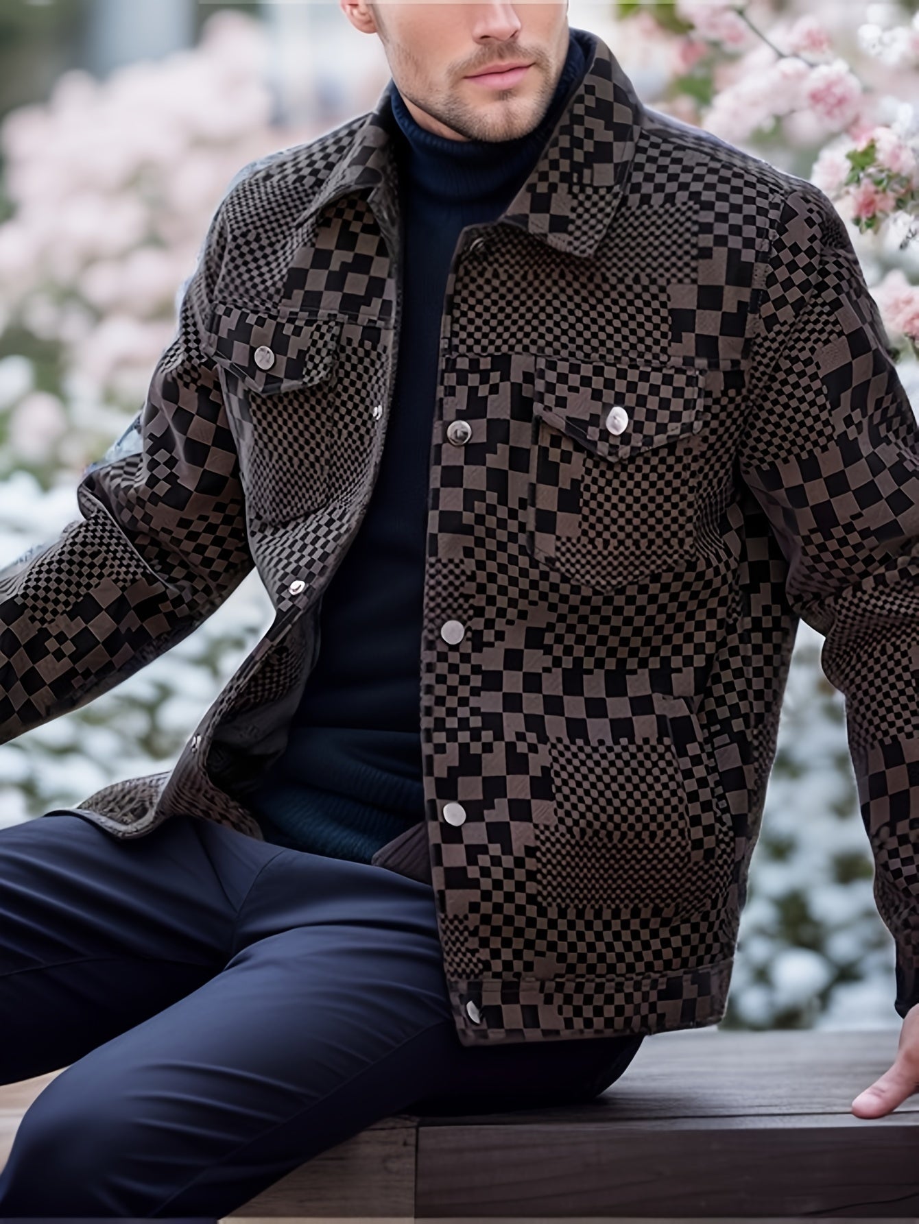 Mens Regular Fit PU Leather Jacket with Lapel Collar - Long Sleeve, Single Breasted, All Over Checkerboard Pattern, Polyester Lining, Multiple Pockets - Perfect for Casual Scene