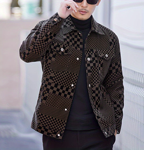 Mens Regular Fit PU Leather Jacket with Lapel Collar - Long Sleeve, Single Breasted, All Over Checkerboard Pattern, Polyester Lining, Multiple Pockets - Perfect for Casual Scene