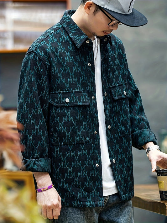 Mens Fashionable Graphic Print Jacket - Stylish & Comfortable Lapel Button Up Coat - Ideal for Spring & Fall - Versatile Long Sleeve Wear