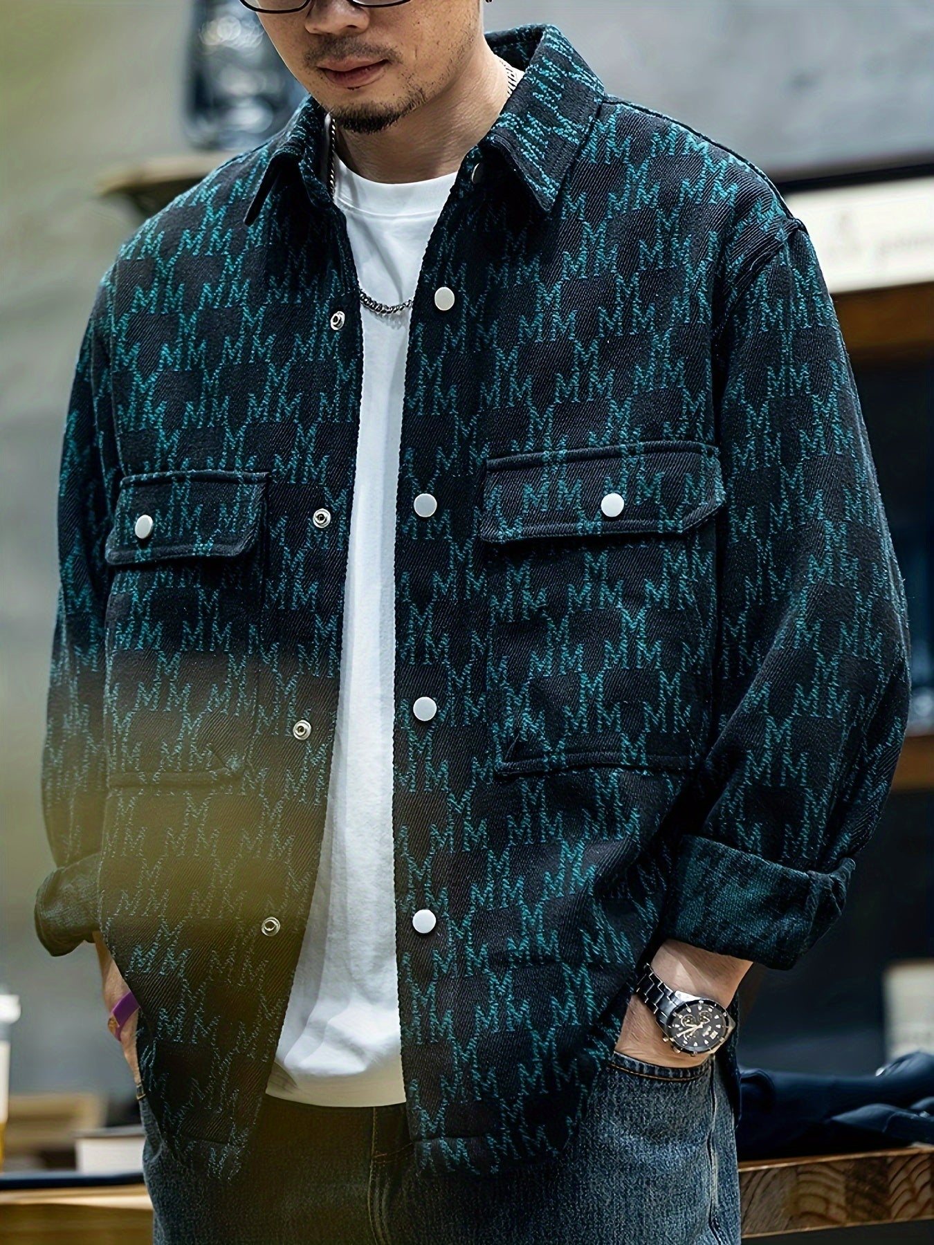 Mens Fashionable Graphic Print Jacket - Stylish & Comfortable Lapel Button Up Coat - Ideal for Spring & Fall - Versatile Long Sleeve Wear