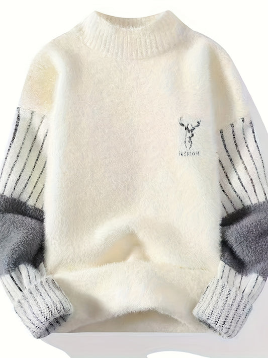 Men's Animal Graphic Pullover Sweater - Nylon Blend, Crew Neck, Rib-Knit Detail, Long Sleeve, Knit Fabric, Slight Stretch, Casual Fall/Winter Skinny Fit Warm Top