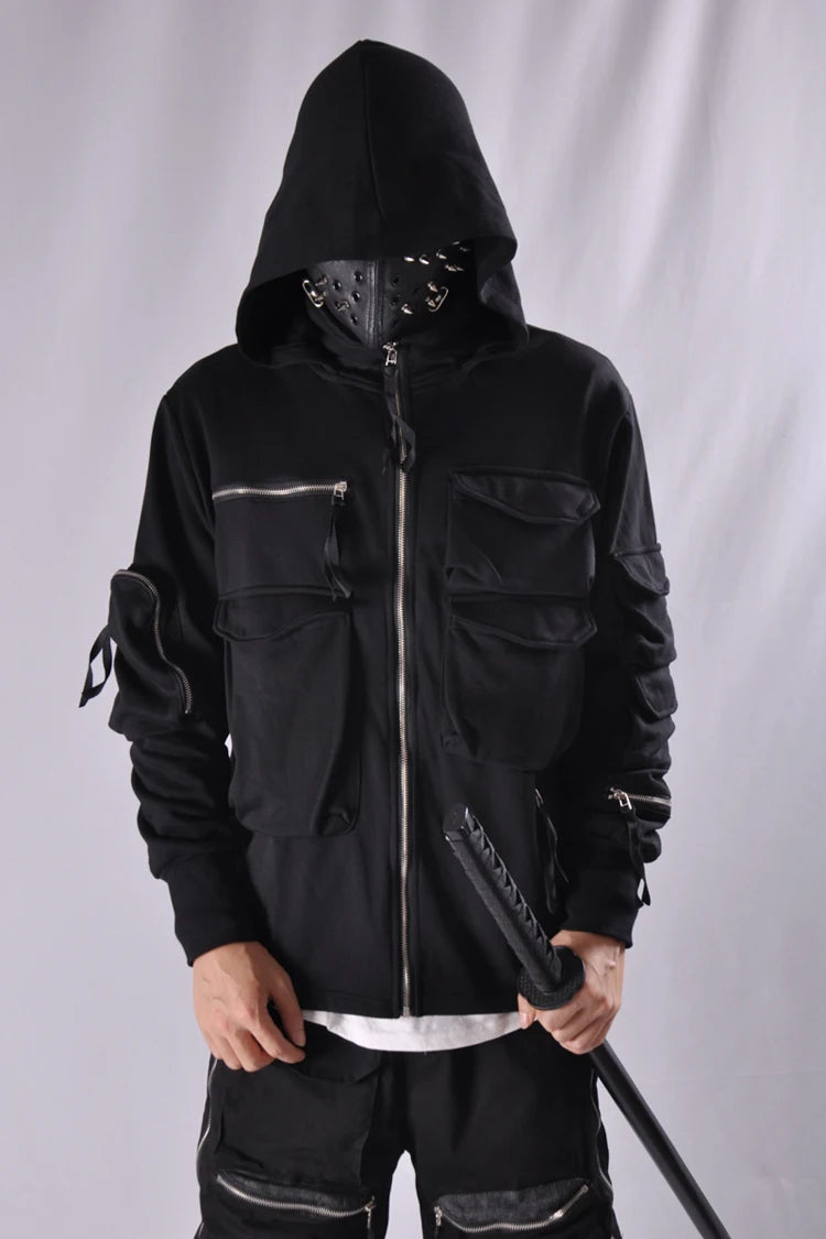 Guochao Dark Ninja clothes multi-pocket functional Hoodie Hoodie men's loose zipper jacket tactical hoodie