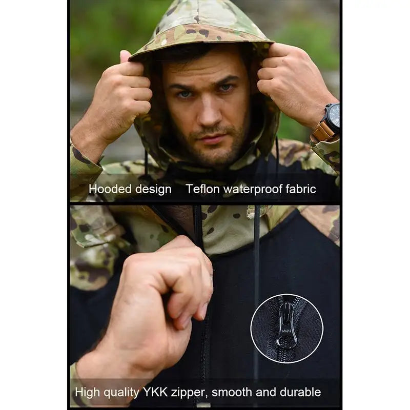 outdoor Shirts Camo Combat T-Shirt Hooded Men Tactical Shirt Airsoft Paintball Cotton Hunting Clothing wear-resisting