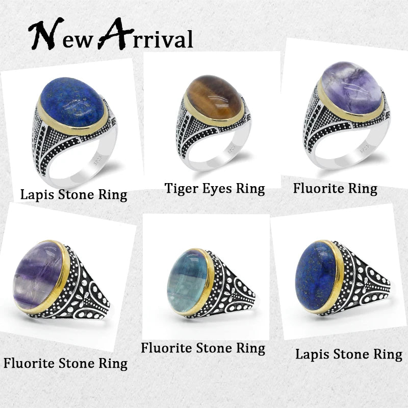 Pure 925 Sterling Silver Men's Ring Natural Tiger Eyes Stone Drip Gold Anchor Vintage Party RIng Turkey Jewelry Exquisite Ring
