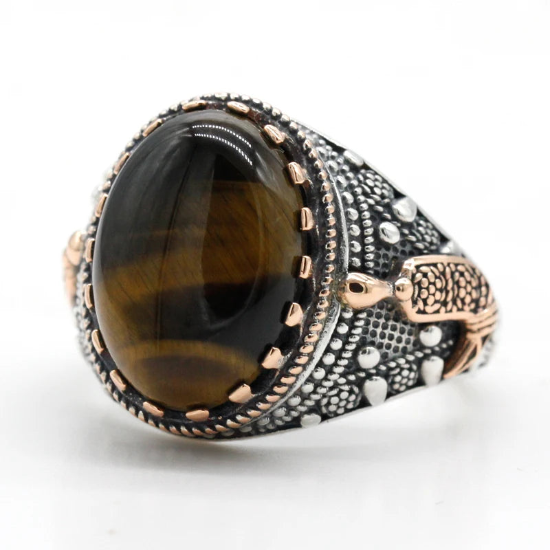 Pure 925 Sterling Silver Men's Ring Natural Tiger Eyes Stone Drip Gold Anchor Vintage Party RIng Turkey Jewelry Exquisite Ring