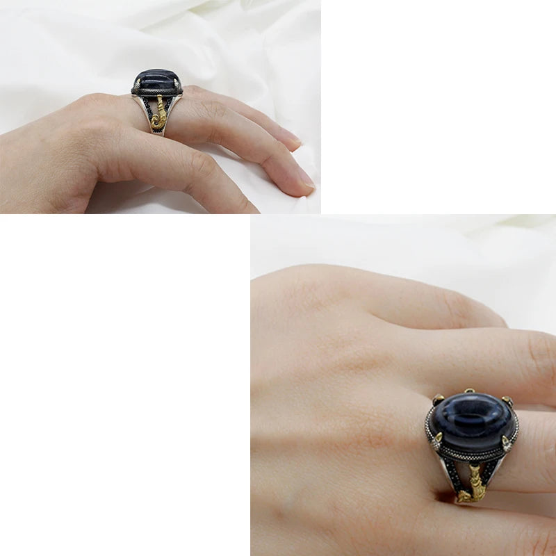 Solid 925 Sterling Silver Men Ring Evil Eyes  Natural Agate Stone Parallel Zebra Line Black CZ Punk Style Ring for Men Turkey