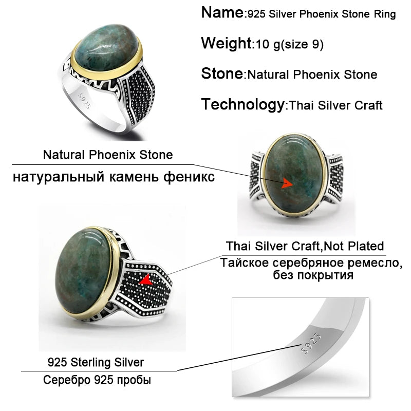 Natural Phoenix Stone Genuine 925 Sterling Silver Men Ring Irregular Zircon Handmade Turkey Ring Wedding Jewelry Gift for Women