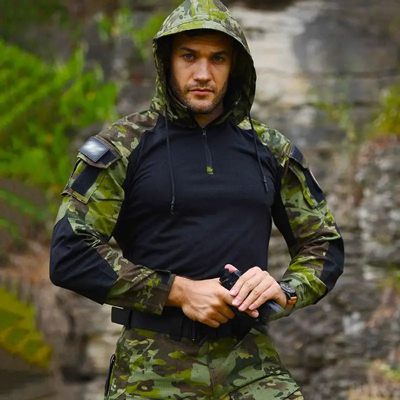 outdoor Shirts Camo Combat T-Shirt Hooded Men Tactical Shirt Airsoft Paintball Cotton Hunting Clothing wear-resisting