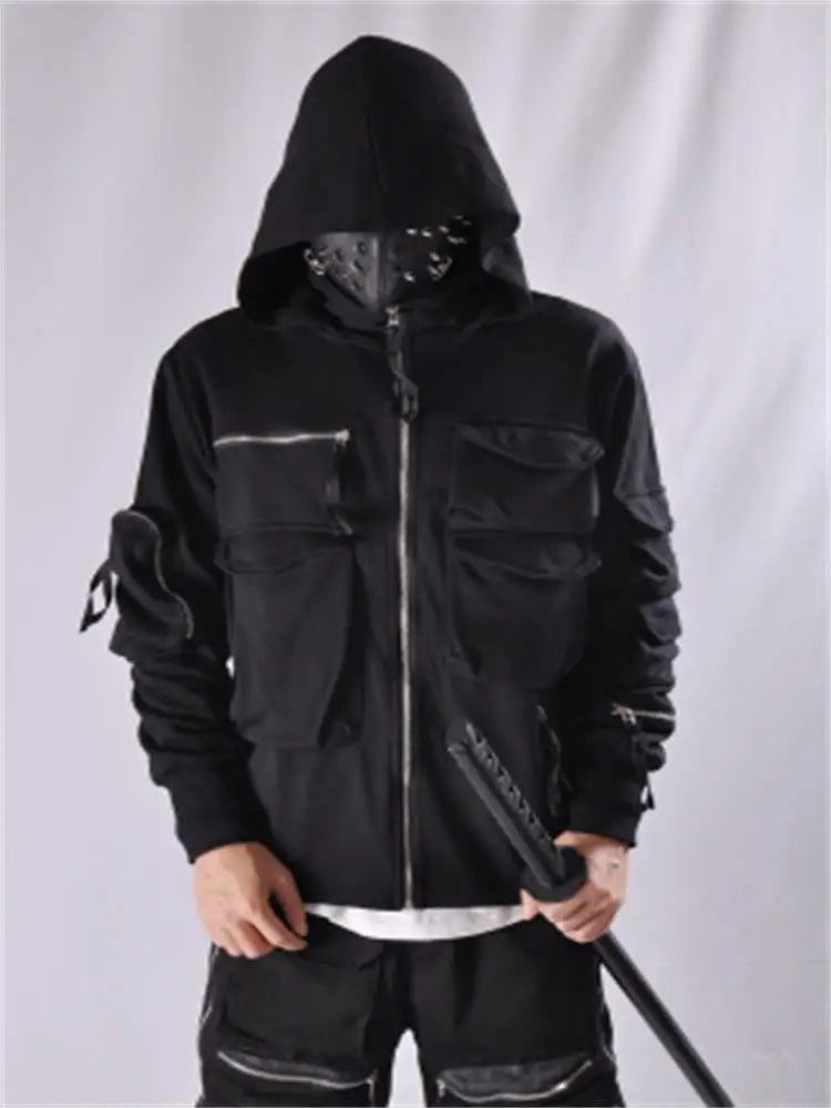 Guochao Dark Ninja clothes multi-pocket functional Hoodie Hoodie men's loose zipper jacket tactical hoodie