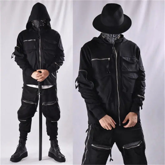 Guochao Dark Ninja clothes multi-pocket functional Hoodie Hoodie men's loose zipper jacket tactical hoodie