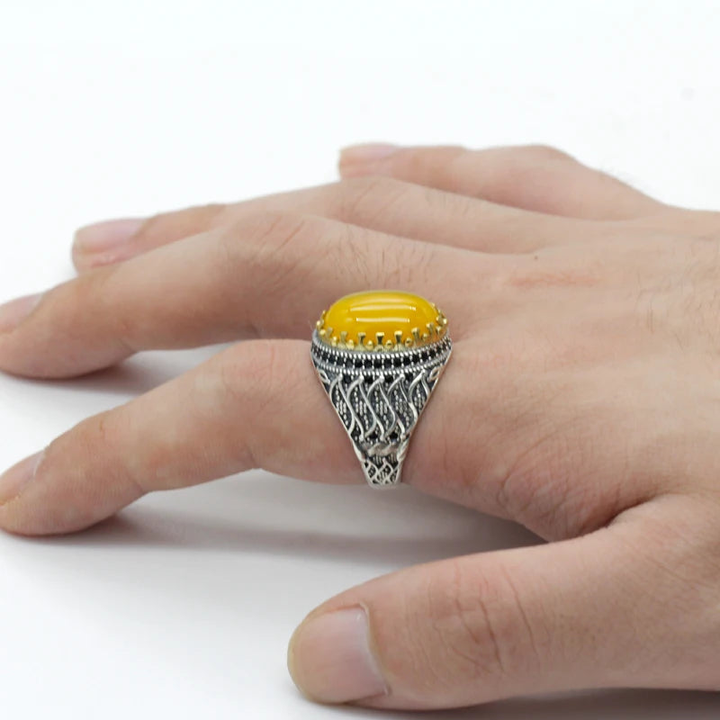 New product hot sale 925 sterling silver ring men's yellow agate ring unisex ring men's high jewelry