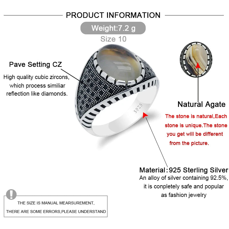 Real Natural Stone Ring Pure 925 Sterling Silver Ring For Men With Agate Stone Thai Silver Gear CZ Stone Turkish Party  Jewelry