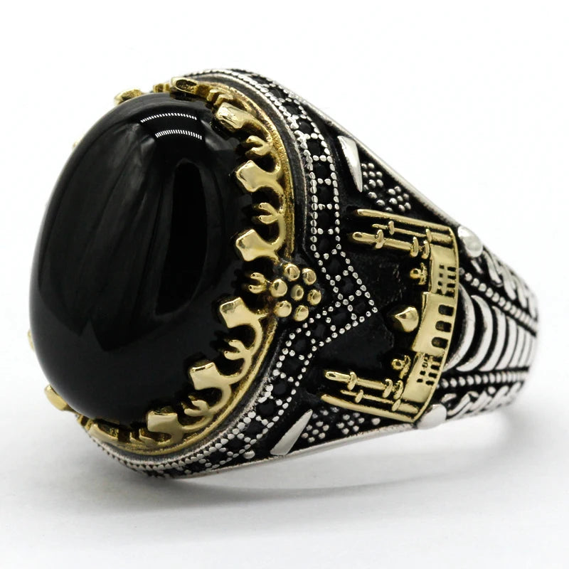 Black Natural Agate Stone Ring 925 Silver Men's Ring Castle Turkish Constantinople Auspicious Vintage Signet Ring Track Wedding
