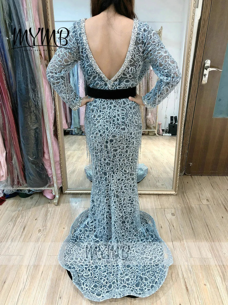 MYMB 2021 Long Sleeve V Neck Mother Dress Unique Fitted Grey Blue Lace Embroidery Wedding Party Evening Dress Tassel MY41128