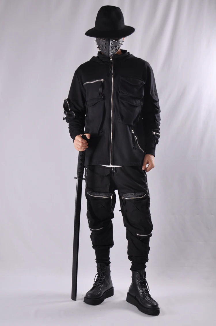 Guochao Dark Ninja clothes multi-pocket functional Hoodie Hoodie men's loose zipper jacket tactical hoodie