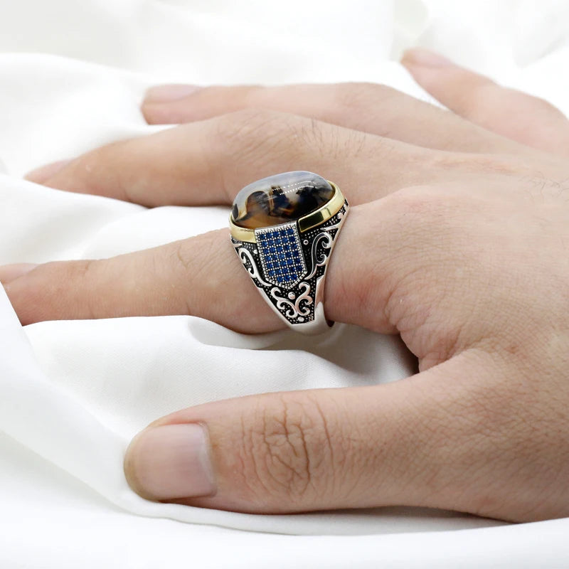New Seven Color S925 Sterling Silver Antique Türkiye Blue Zircon and Agate Punk Rock Hand made Men's Ring Gift