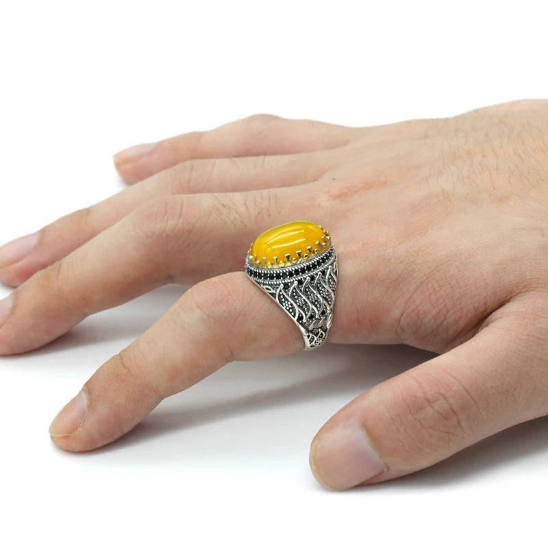 New product hot sale 925 sterling silver ring men's yellow agate ring unisex ring men's high jewelry