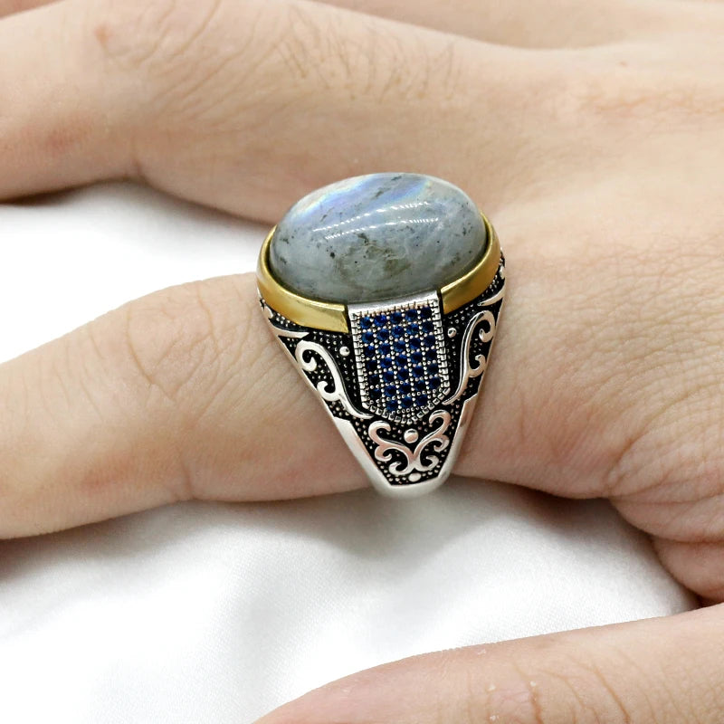 New Seven Color S925 Sterling Silver Antique Türkiye Blue Zircon and Agate Punk Rock Hand made Men's Ring Gift