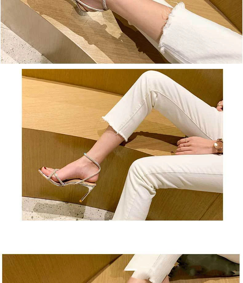 2023 Fashion Rhinestones Gladiator Silver High Heels Ankle Strap Strappy Sandals Women's Sexy Stiletto Party Bridal Shoes Summer
