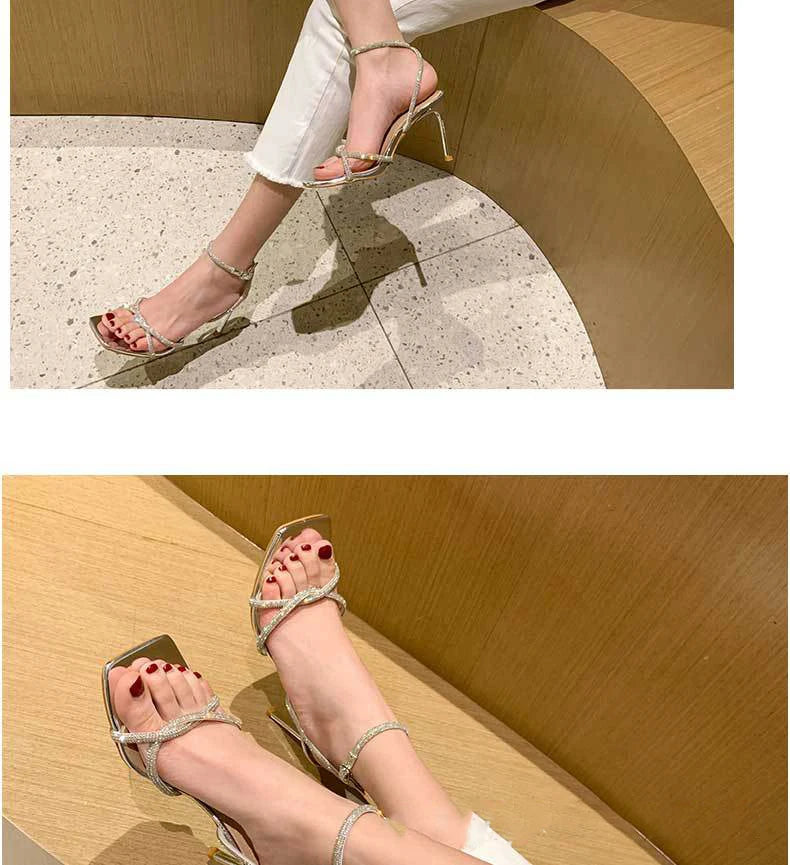 2023 Fashion Rhinestones Gladiator Silver High Heels Ankle Strap Strappy Sandals Women's Sexy Stiletto Party Bridal Shoes Summer