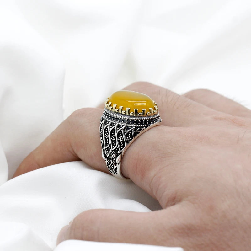 New product hot sale 925 sterling silver ring men's yellow agate ring unisex ring men's high jewelry