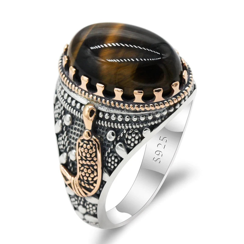 Pure 925 Sterling Silver Men's Ring Natural Tiger Eyes Stone Drip Gold Anchor Vintage Party RIng Turkey Jewelry Exquisite Ring