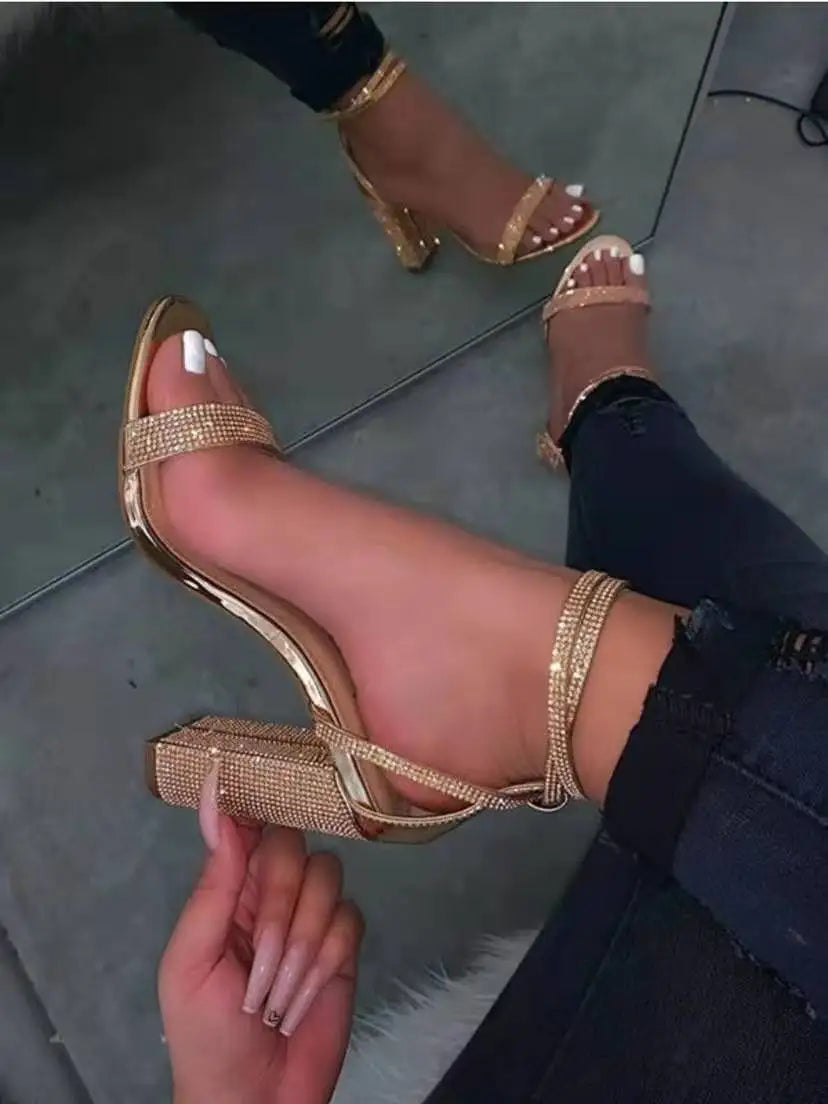 High-heeled Women's Shoes Rhinestone Thick Heels Women's Sandals High Heels Buckle Strap Shoes Women's Large Size 43