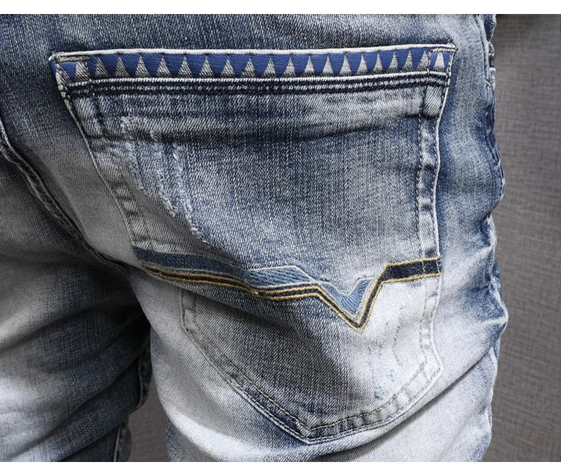 Fashion Designer Men Jeans Retro Light Blue Stretch Slim Fit Printed Ripped Jeans Men Hole Trousers Vintage Casual Pants Hombre