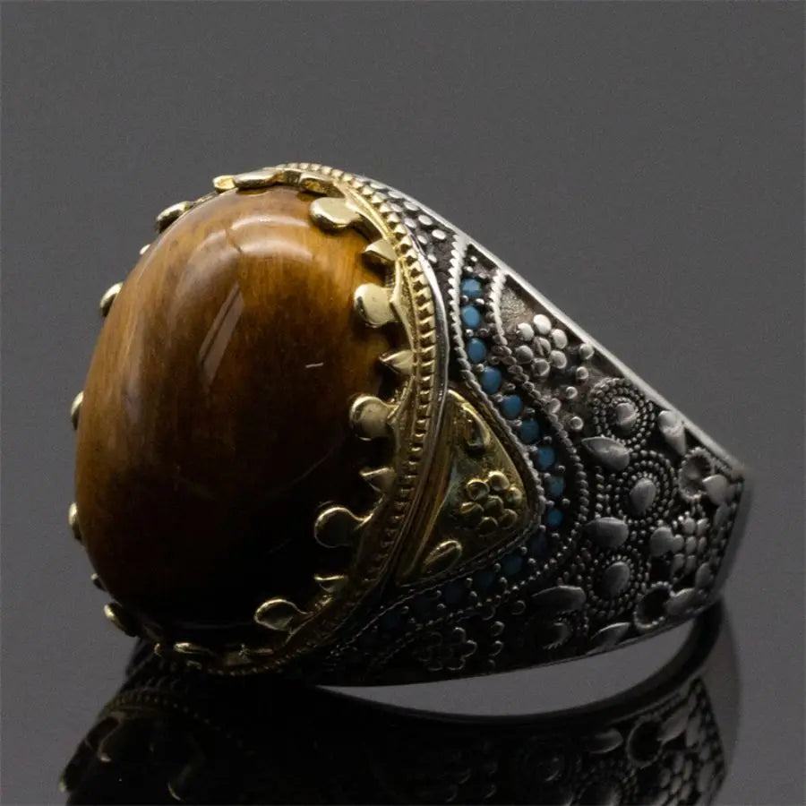 Wholesale Tiger eye's Stone Turkish rings Men Vintage Natural Handmade men Sterling silver ring 925 natural s