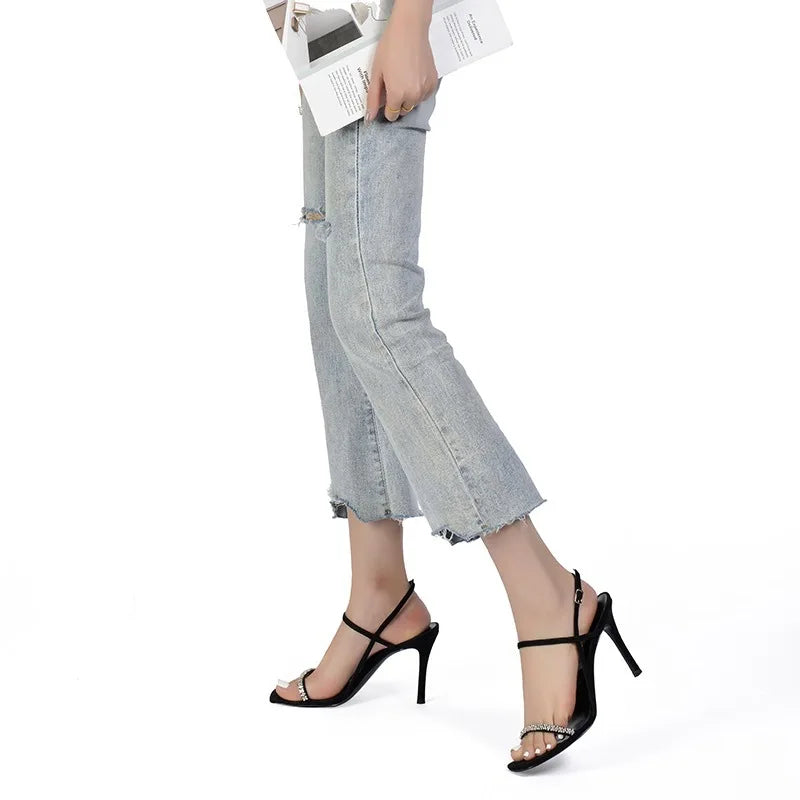 Heel Sandals Women Rhinestone Sexy Thin High Heels Sandals Female 2024 New Summer Party Dress Shoes Ladies Black Pumps Sandales
