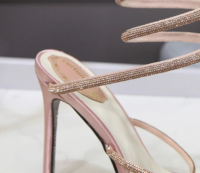 CHMURY Snake Wrapped Sandals Women's Summer Fashion 2024 New  Black Sexy Rhinestone Glitter Craystal Thin Heel High Heels