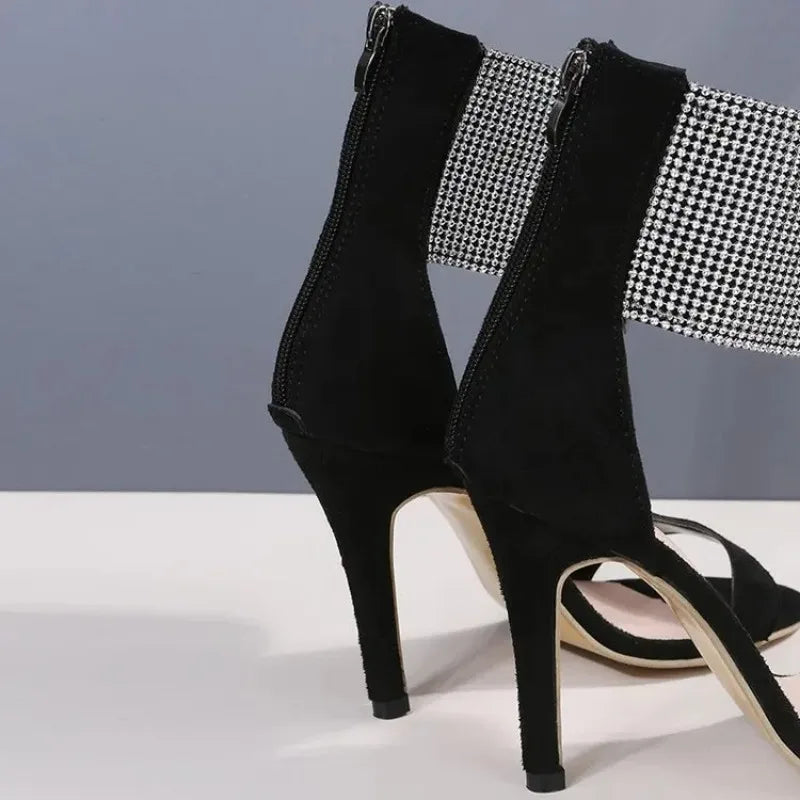 2024 Summer New Rhinestone Stiletto Sandals for Women Sexy Open Toe Faux Suede Back Zipper Super High Heels Wedding Party Shoes