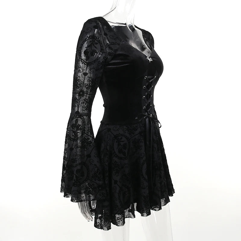 InsGoth Gothic Long Sleeve Ruffle Mini Dress Women's Vintage V Neck Velvet Stretchy Bodycon Cocktail Dresses Victorian Blouse