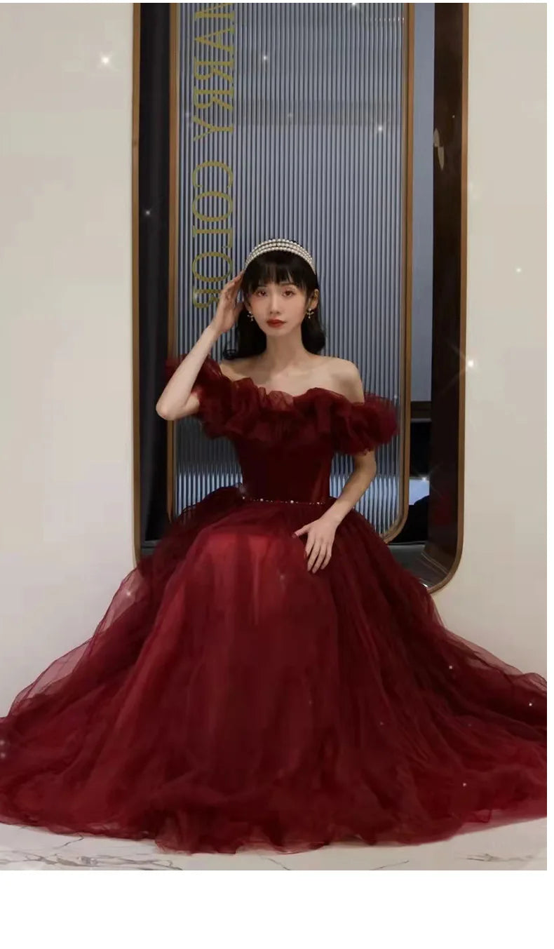 Wine Off Shoulder Sweat Lady Girl Women Princess Bridesmaid Banquet Party Ball Prom Dress Gown Fashion Celebrity Dresses