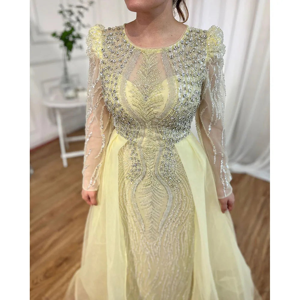 Serene Hill Muslim Blue Mermaid Over Skirt Evening Dresses Beads Puff Shoulder Prom Formal Gowns 2024 For Women Party LA72030