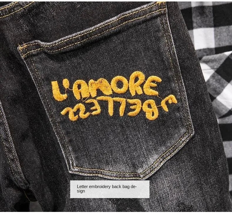 Fashion High-end Korean Luxury Streetwear Punk Casual Slim Fit Denim Jeans for Spring and Autumn with 3D Embroidery Design Jeans