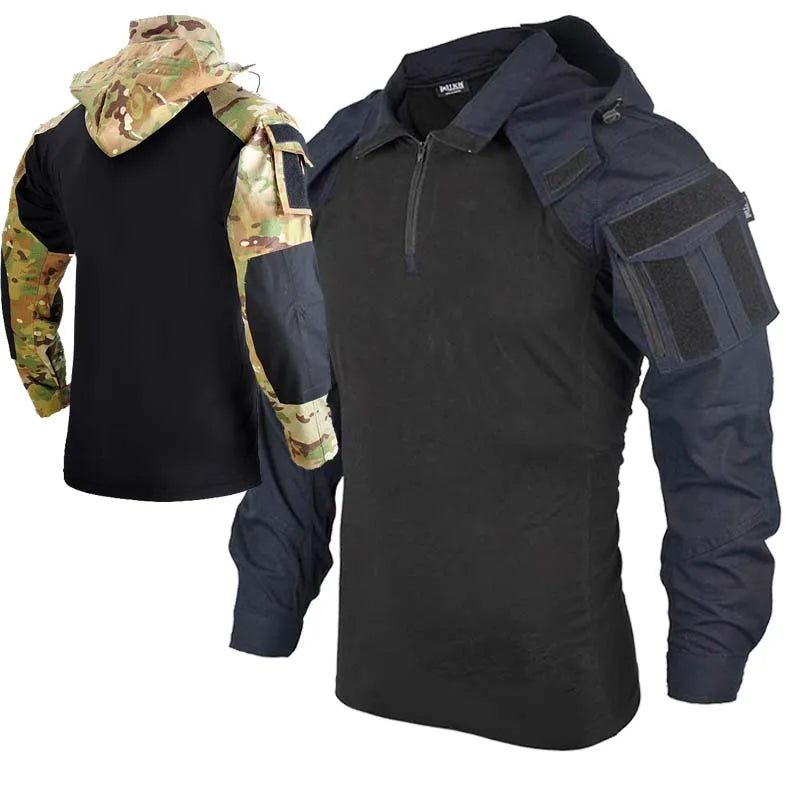 outdoor Shirts Camo Combat T-Shirt Hooded Men Tactical Shirt Airsoft Paintball Cotton Hunting Clothing wear-resisting
