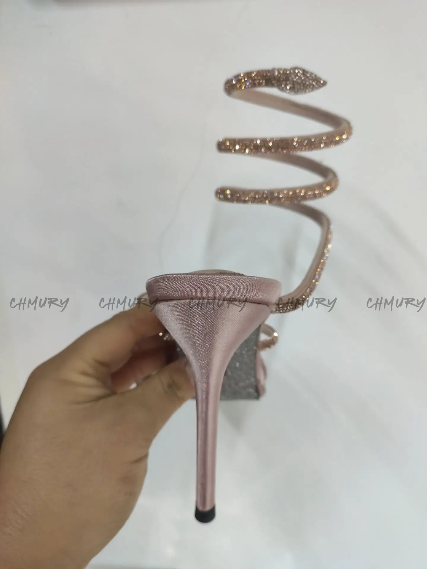 CHMURY Snake Wrapped Sandals Women's Summer Fashion 2024 New  Black Sexy Rhinestone Glitter Craystal Thin Heel High Heels