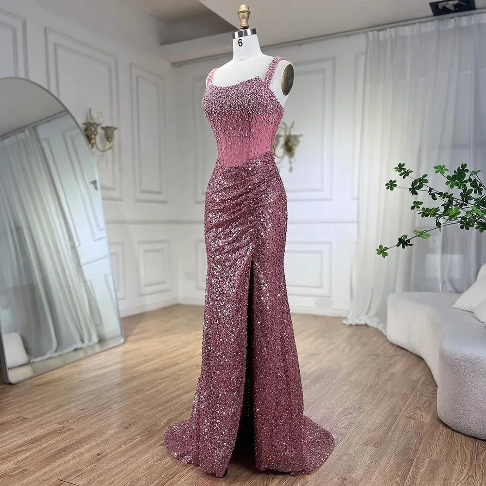 Serene Hill Beige Mermaid Floor Length Evening Gowns Luxury Beaded Crystal Spaghetti Strap Party Drsses For Women 2024 LA72163