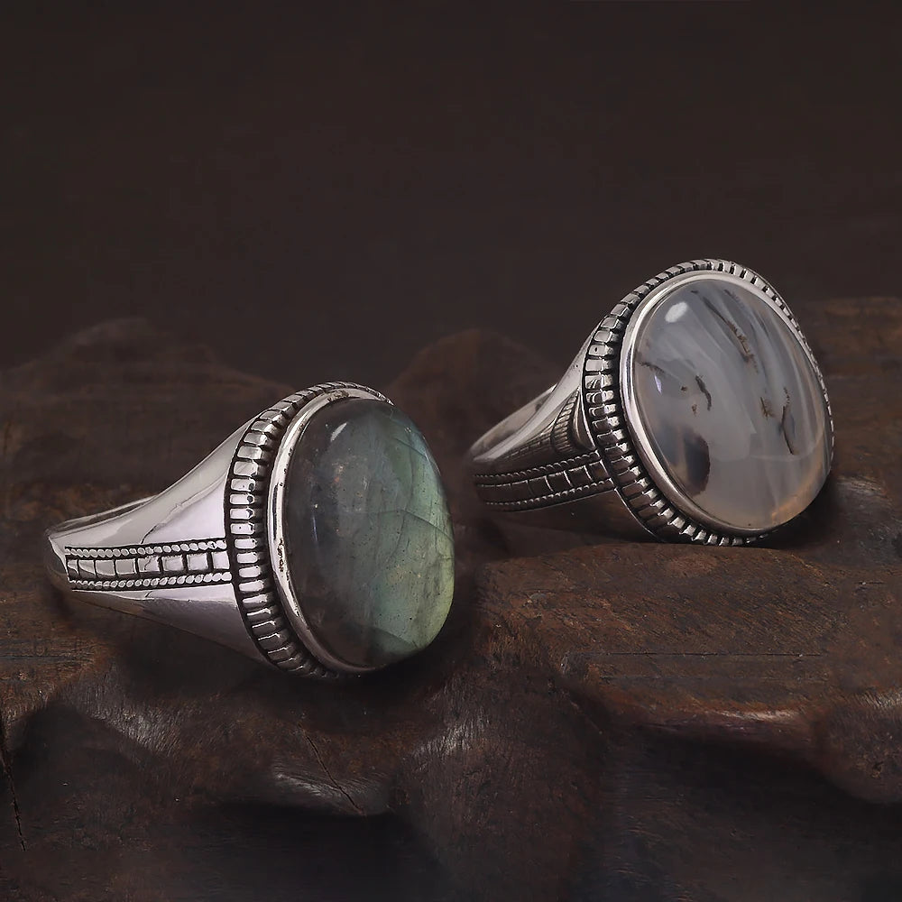925 Sterling Silver Turkey Ring Men Labradorite Ring for Male Original Agate Rings Oval Natural Gemstone Luxury Turkish Jewelry