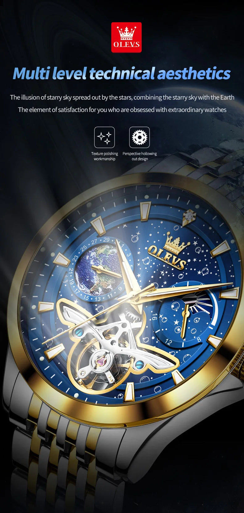 OLEVS Luxury Brand Men's Watches Luminous Waterproof Fully Automatic Mechanical Watch Starry Sky Dial Moon Phase Hollow Out